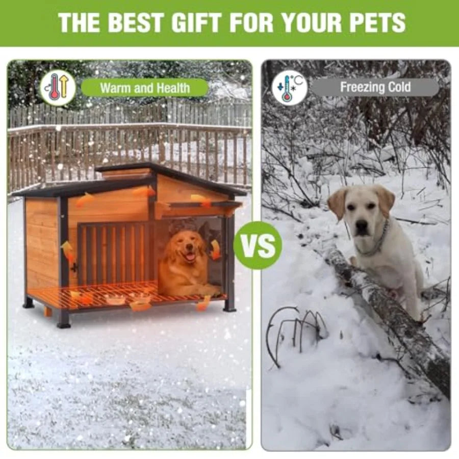 Heated Outdoor Dog House with Heavy-Duty Iron Frame and Insulated Liner for Small Medium Large Dogs in Winter Weatherproof Dog