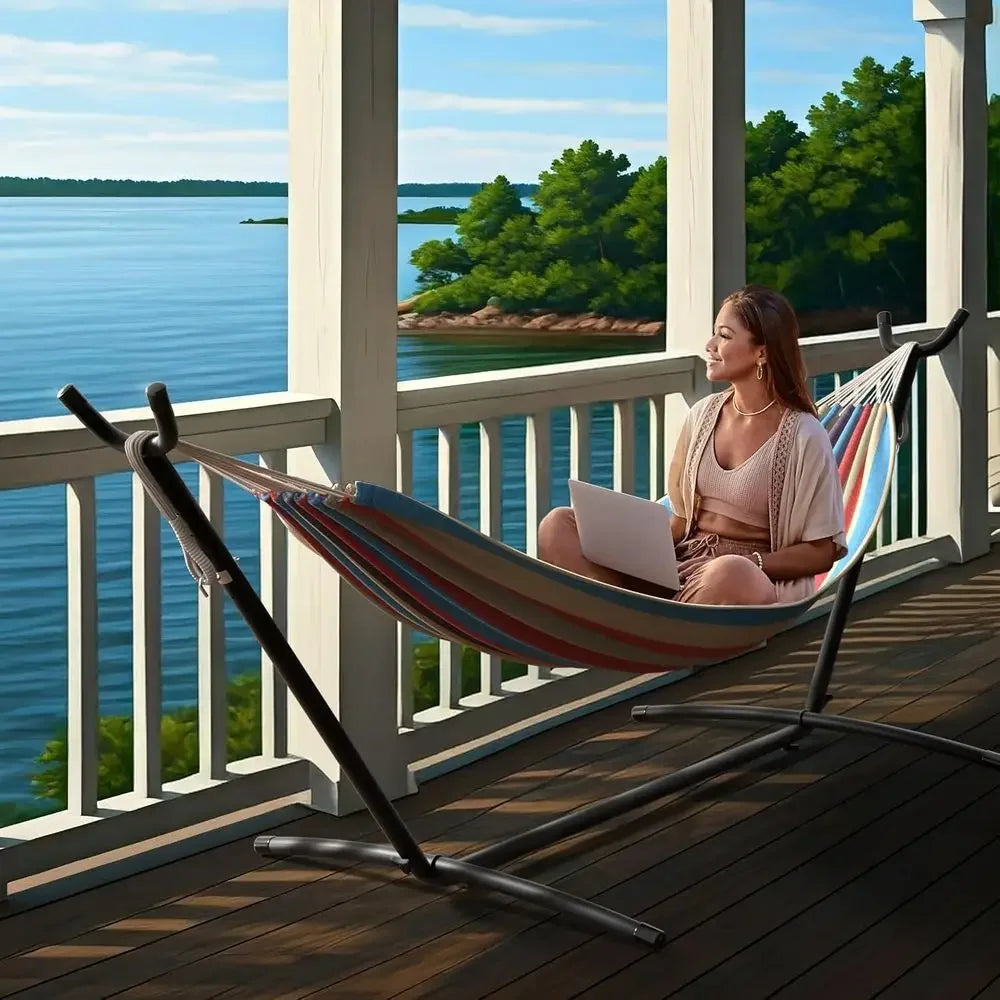 Luxury 2-Person Cotton Blend Hammock with Steel Stand - 60 Bed, 450lbs Capacity, Portable, Washable, for Outdoor and Camping