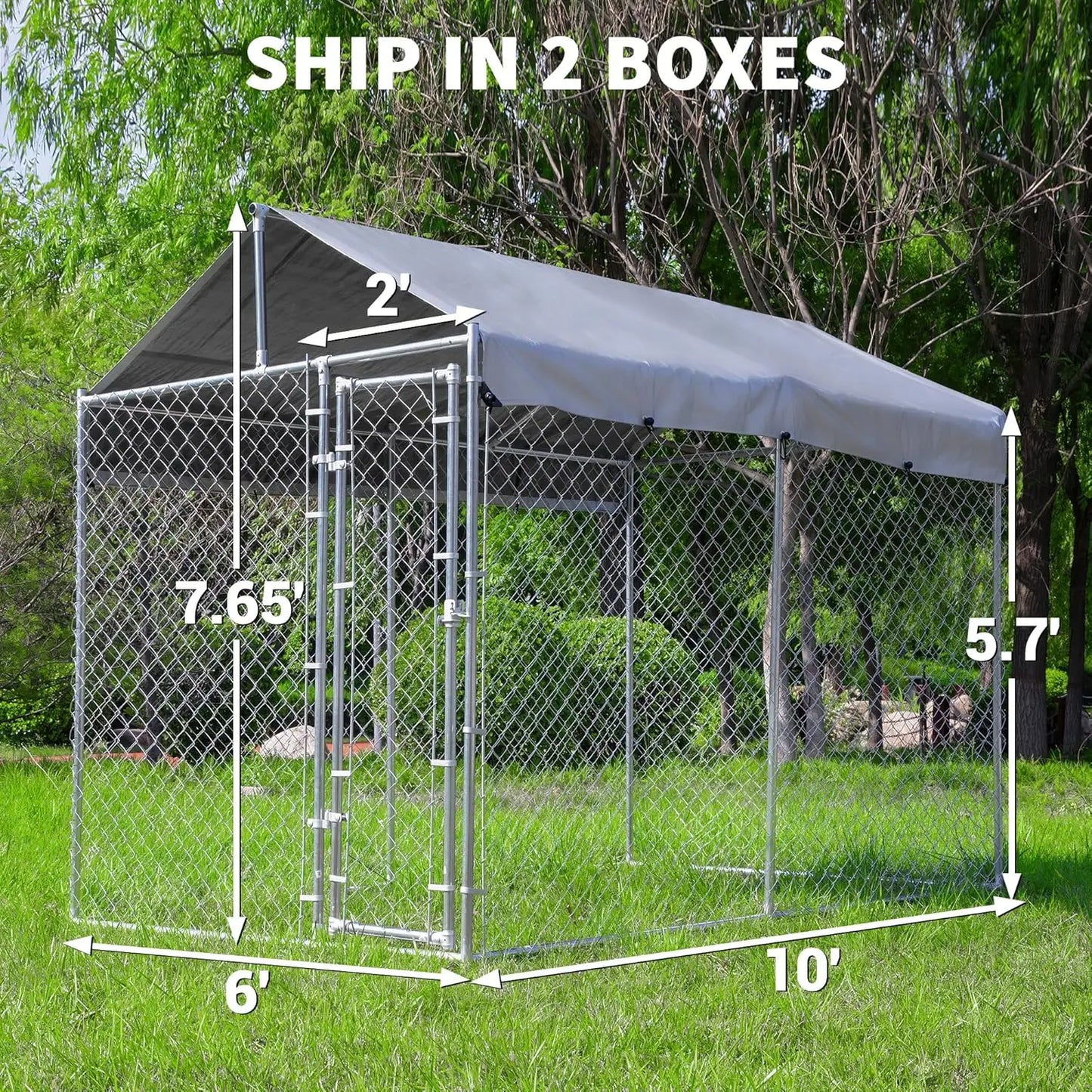 Large Galvanized Dog Kennel Outdoor with Roof, Waterproof UV-Resistant Cover & Lock, Anti-Rust Chain Link Dog Run for Yard