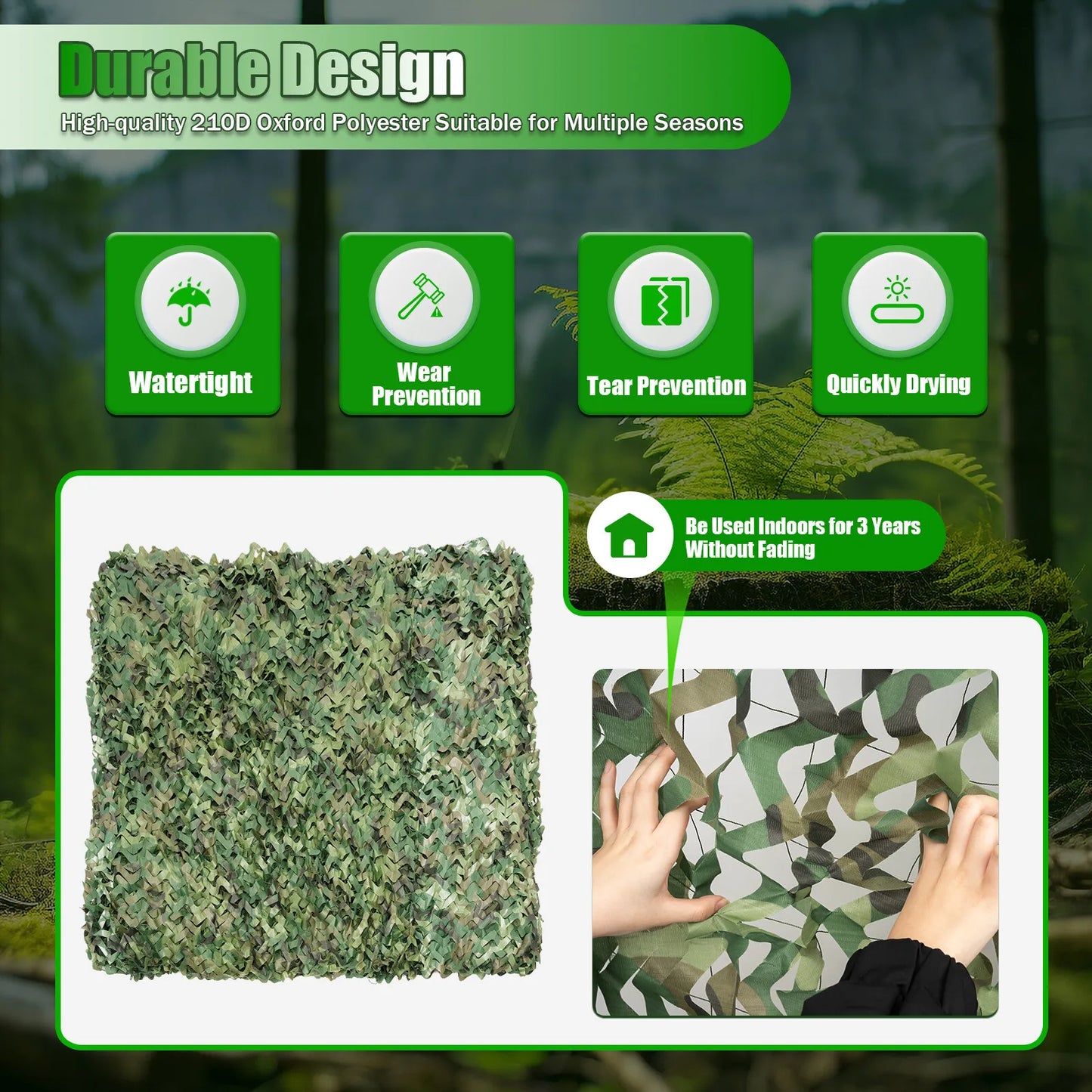Camouflage Net Polyester Surface Nylon String Net Backing Reinforcement for Garden Roof Car Cover Outdoor Camping 8 * 8m