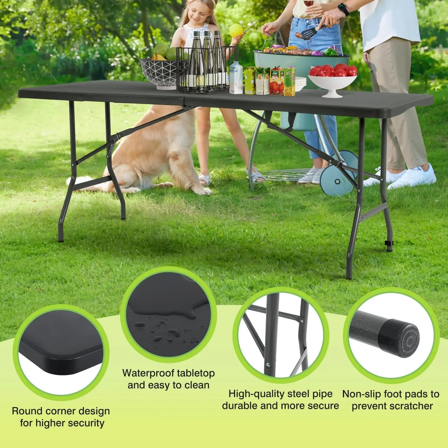 6 FT Folding Camping Table, Portable Square Height Dining Table for Picnics, Parties, and Outdoor Use in Black