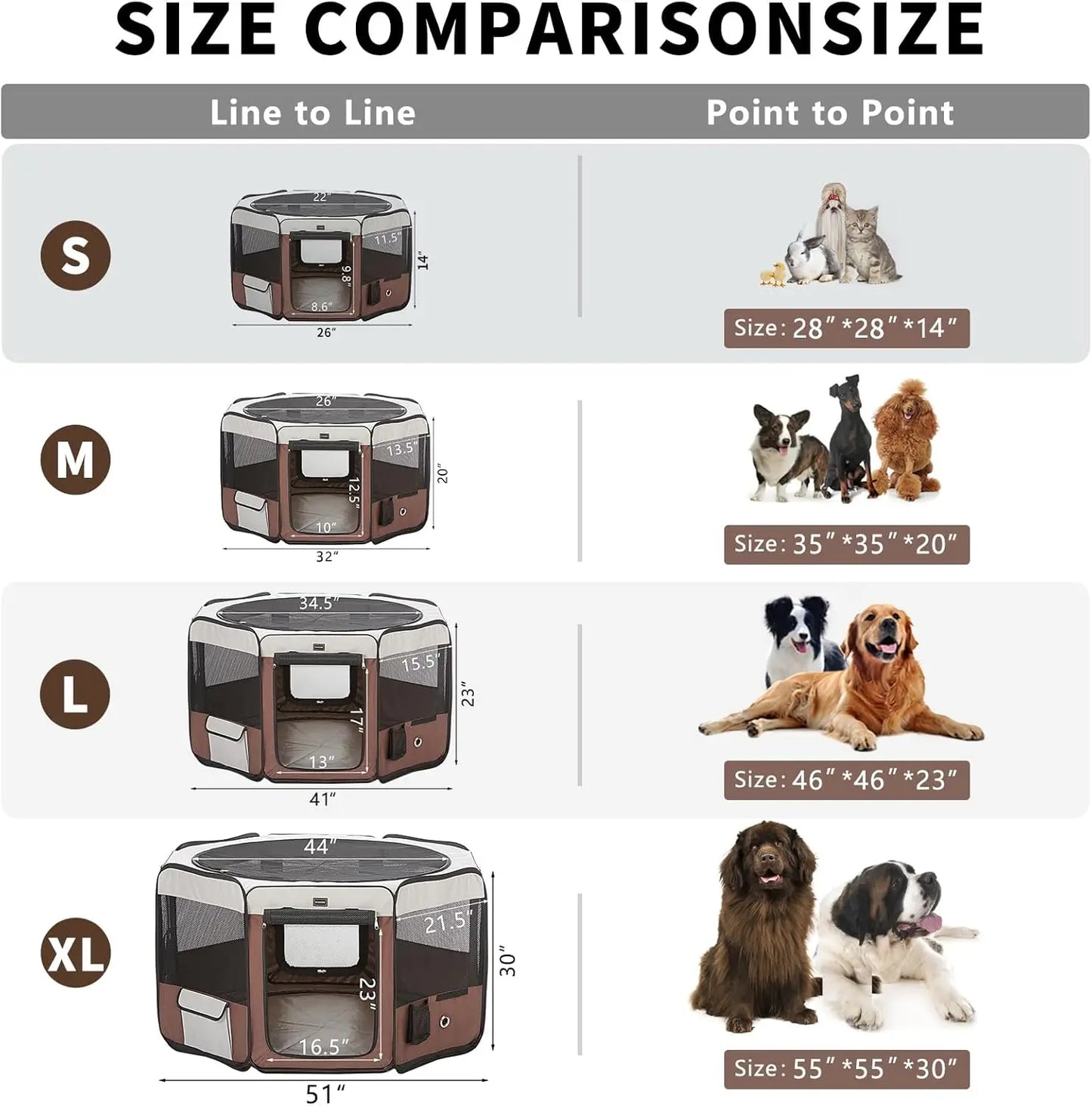 Portable Pet Playpen for Small Medium Dogs, Foldable Exercise Kennel Indoor Outdoor Travel Camping, Brown Large 46x46x23 Inch