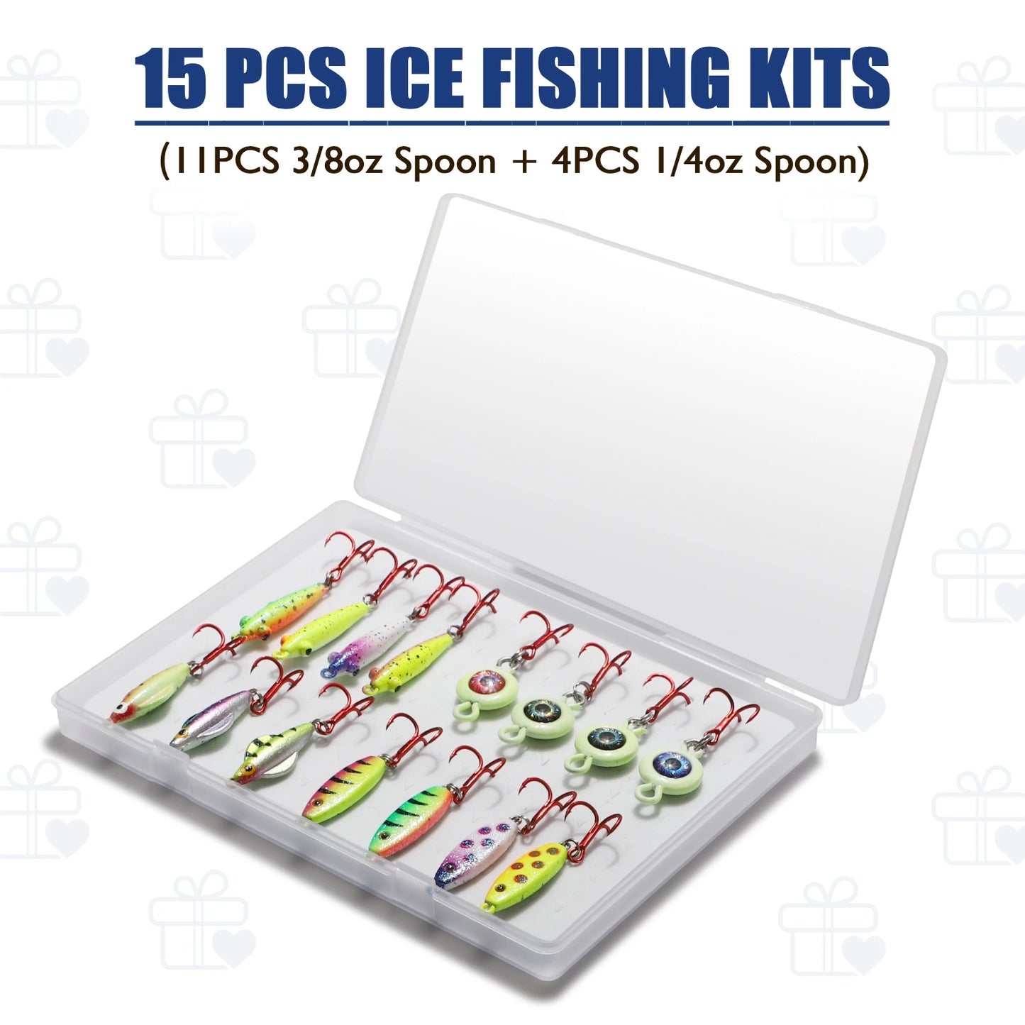 15PCS Ice Fishing Jigs Set - Glow In The Dark Ice Fishing Spoons With Rattling And Treble Hooks, Ice Fishing Lures Kit For Bass