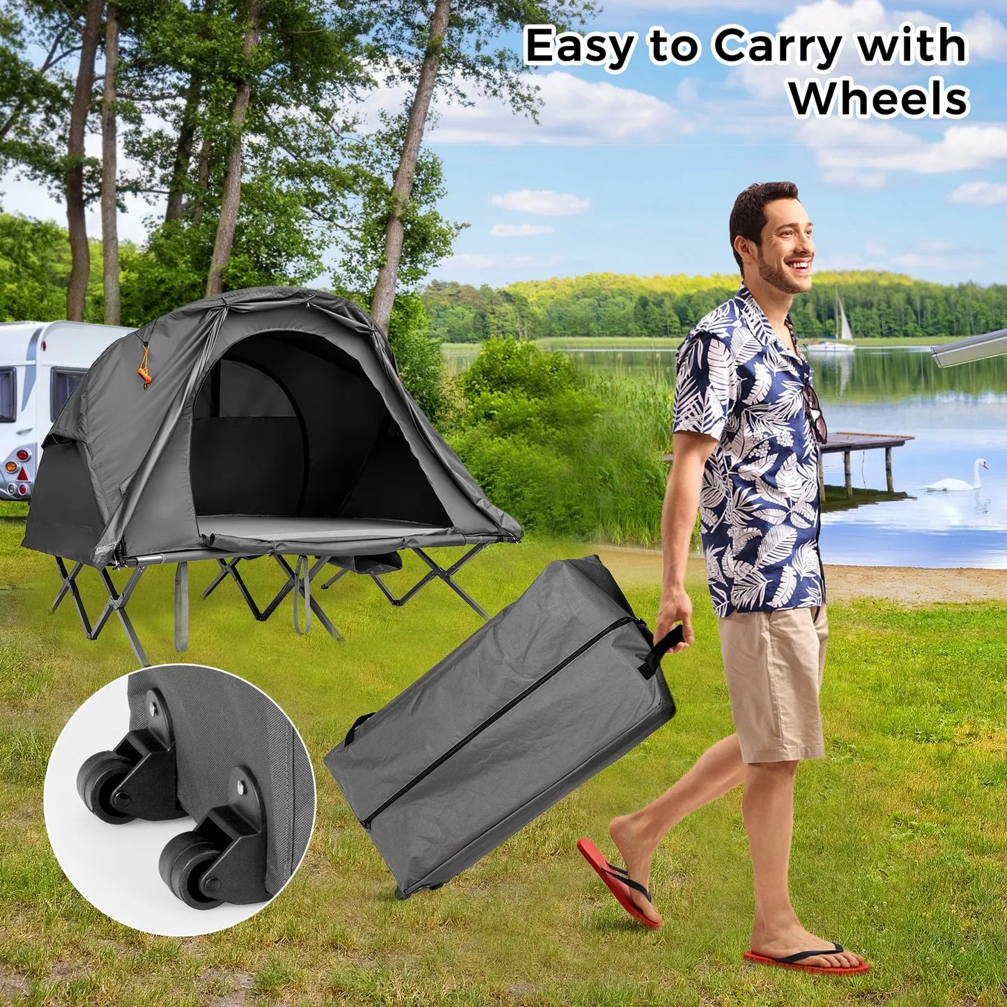 Outdoor 2-Person Camping Tent Cot Compact Elevated Tent Set W/ External Cover