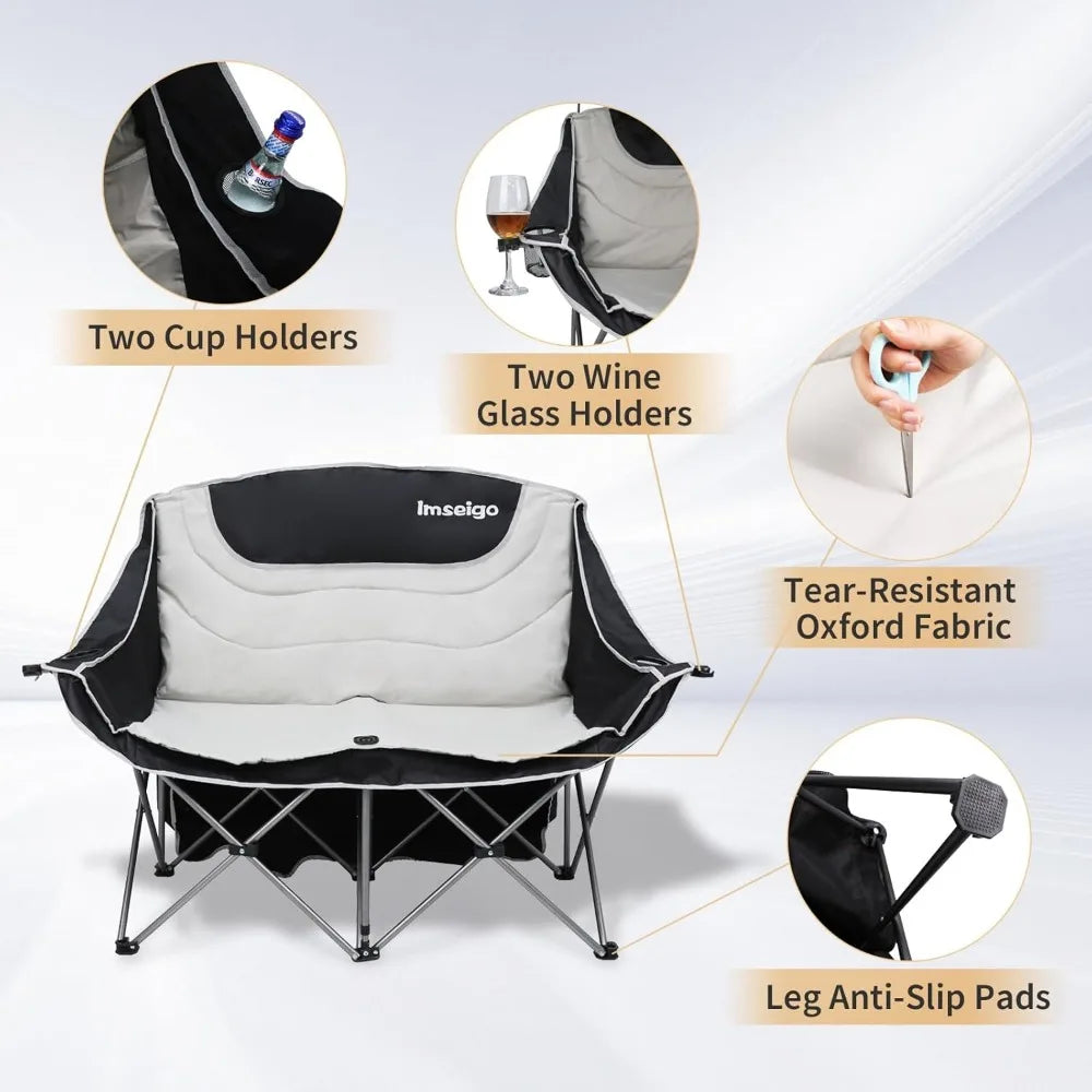 Double Camping Chair with Adjustable Shade Canopy Oversized Portable Folding Loveseat Couch, 2 Person Soft Padded Couch Back Sto