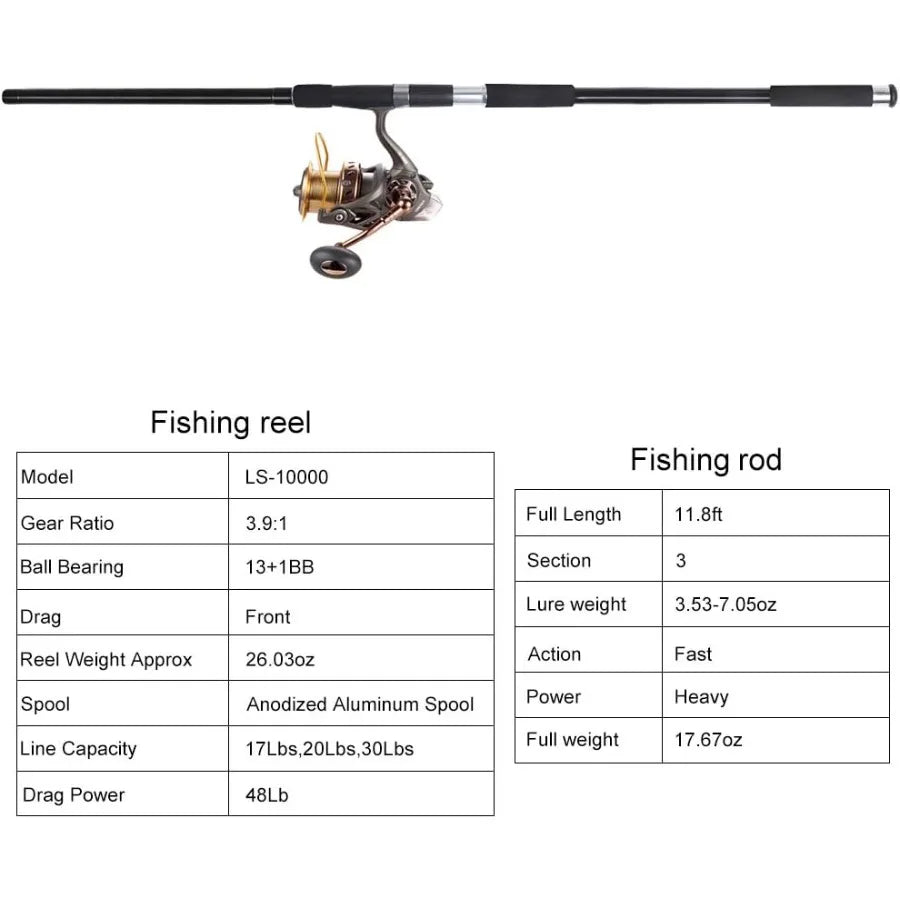 12ft Saltwater Surf Fishing Rod and Reel Combo Set for Offshore and Inshore Fishing with 10000 Reel Beach Casting and Spinning
