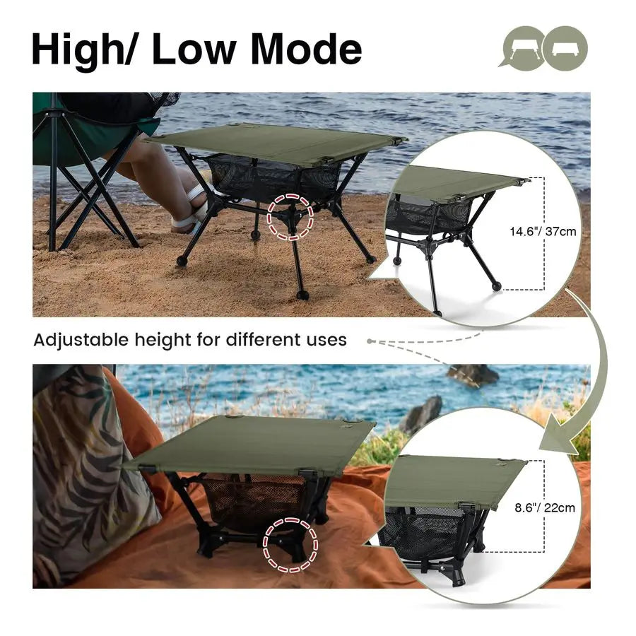 Dipper Camping Table, Lightweight Portable Folding Table with Mesh Storage Net, High Low Options, Ideal for Camping, Hiking, Tai