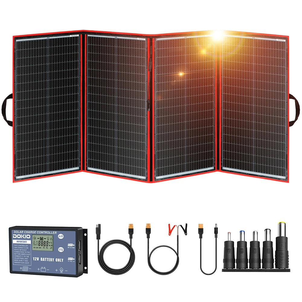 Dokio 18V 100/160/200/300 W Portable Foldable Solar Panel with 12V Controller to Charge Battery suitable for Camp