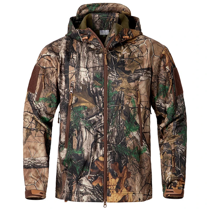 Men's Quiet Softshell Camouflage Hunting Jacket Water-Resistant Camo Tactical Jacke Men Fleece Outdoor Fising Hiking Hooded Coat