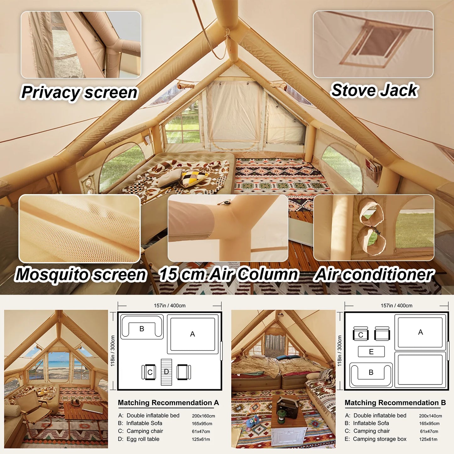Inflatable Camping Tent 8-10 Person,129 Square Feets Large Inflatable Camping Tent with Stove Jack,Blow up Tent with AC Vent