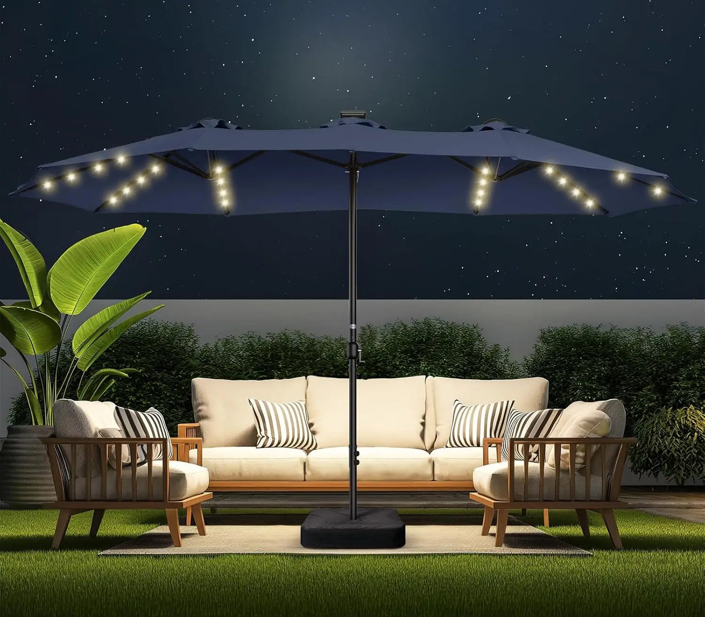 Double Sided Patio Umbrellas - 15ft Solar Lights LED Lighted Outdoor Extra Large Market Table Umbrella with Base, Customized