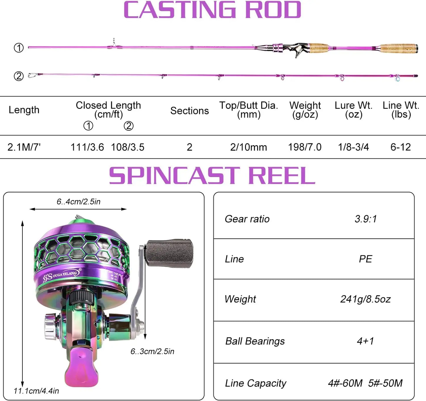 Medium Heavy Spincast Fishing Rod Reel Combo, 2-Piece Pole with Smooth Push-Button Bait Casting Design