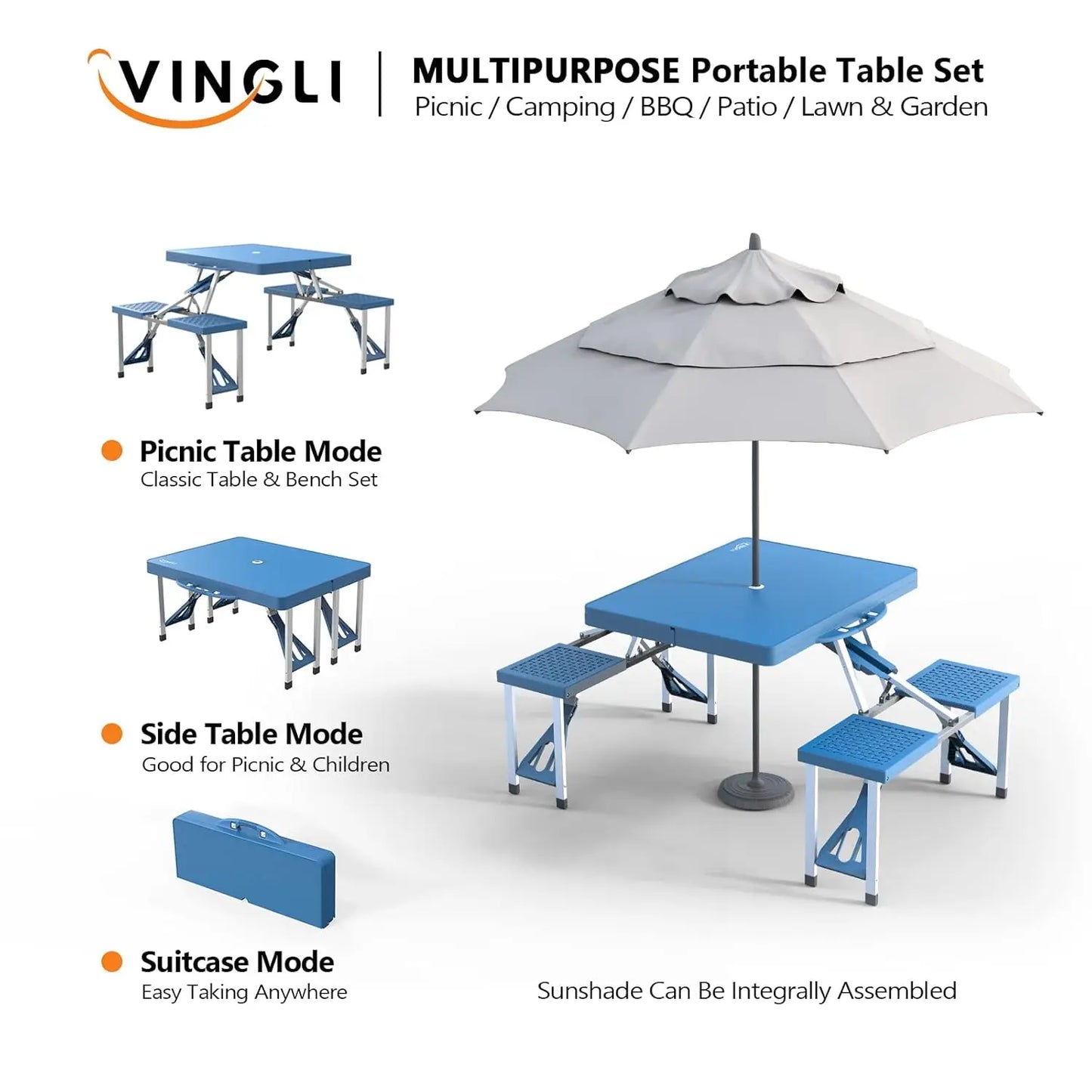 4 Ft Camping Picnic Table Set with 4 Seats w/Umbrella Hole, Folding Lightweight Suitcase Card Table-220 Lbs Support Aluminum Frame