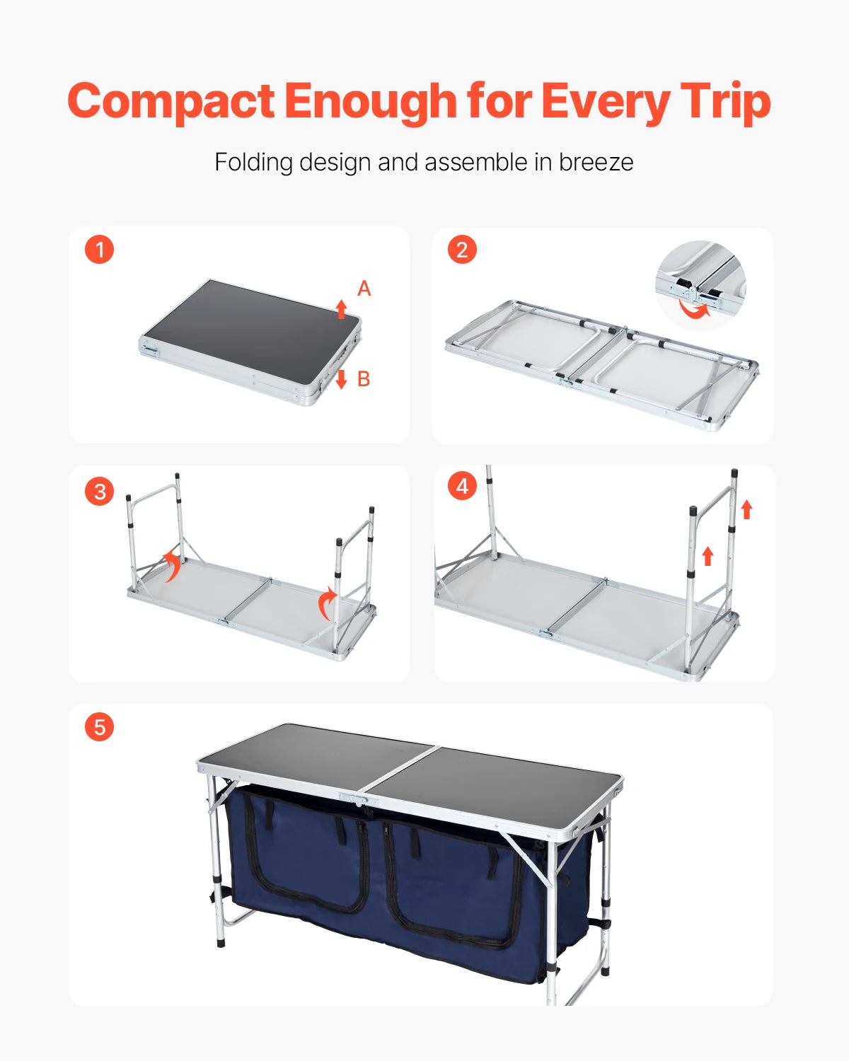 VEVORCamping Kitchen Table Folding Outdoor Cooking Table Aluminum Lightweight Portable Cook Station Foldable Camp Table for BBQ