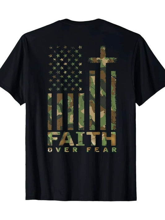 Men's Camo & American Flag Graphic T-Shirt - "Faith Over Fear" Design Breathable Round Neck Short Sleeve Tee for Casual Wear