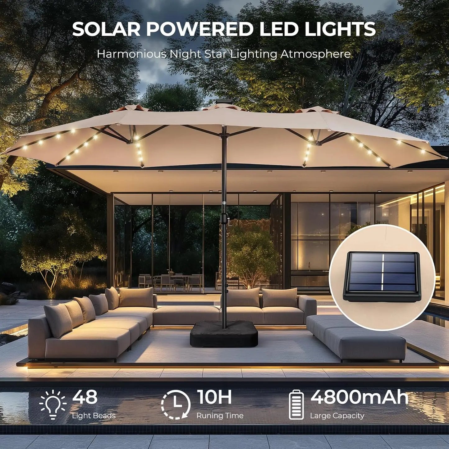 Double Sided Patio Umbrellas - 15ft Solar Lights LED Lighted Outdoor Extra Large Market Table Umbrella with Base, Customized