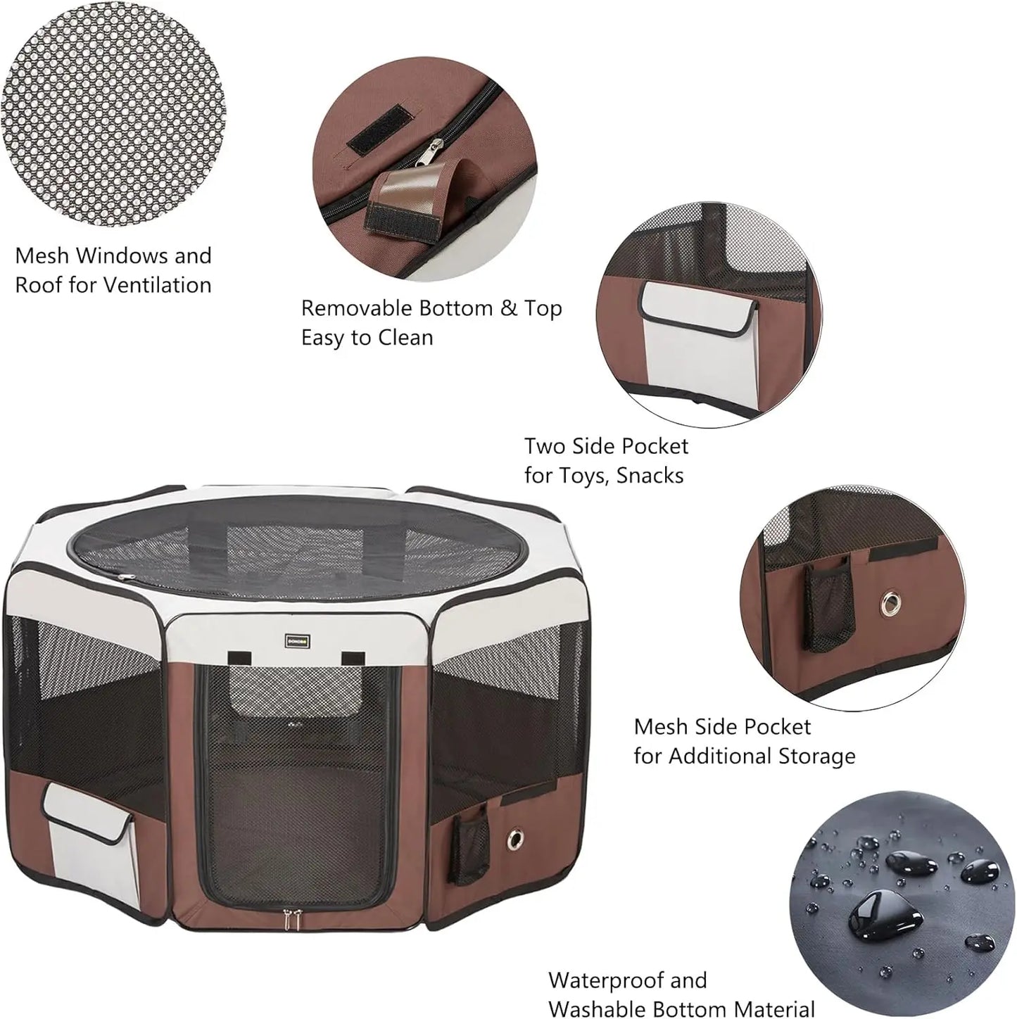 Portable Pet Playpen for Small Medium Dogs, Foldable Exercise Kennel Indoor Outdoor Travel Camping, Brown Large 46x46x23 Inch