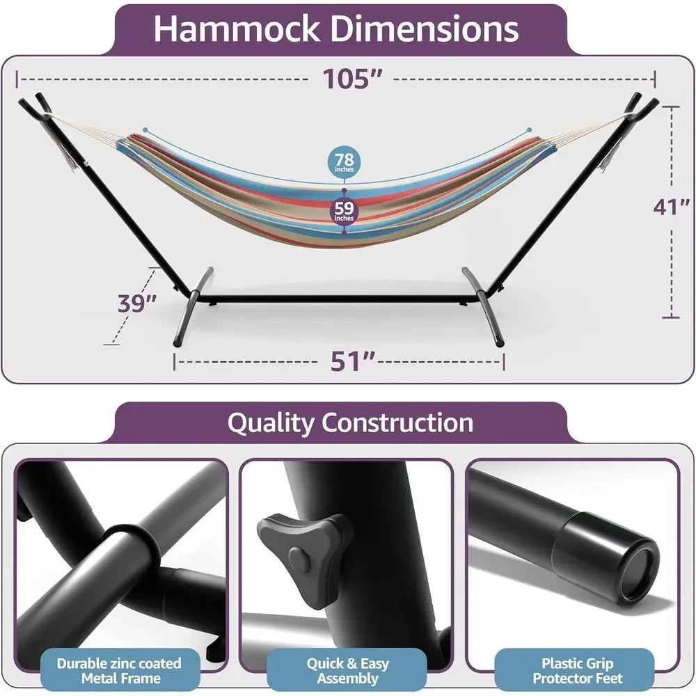 Luxury 2-Person Cotton Blend Hammock with Steel Stand - 60 Bed, 450lbs Capacity, Portable, Washable, for Outdoor and Camping