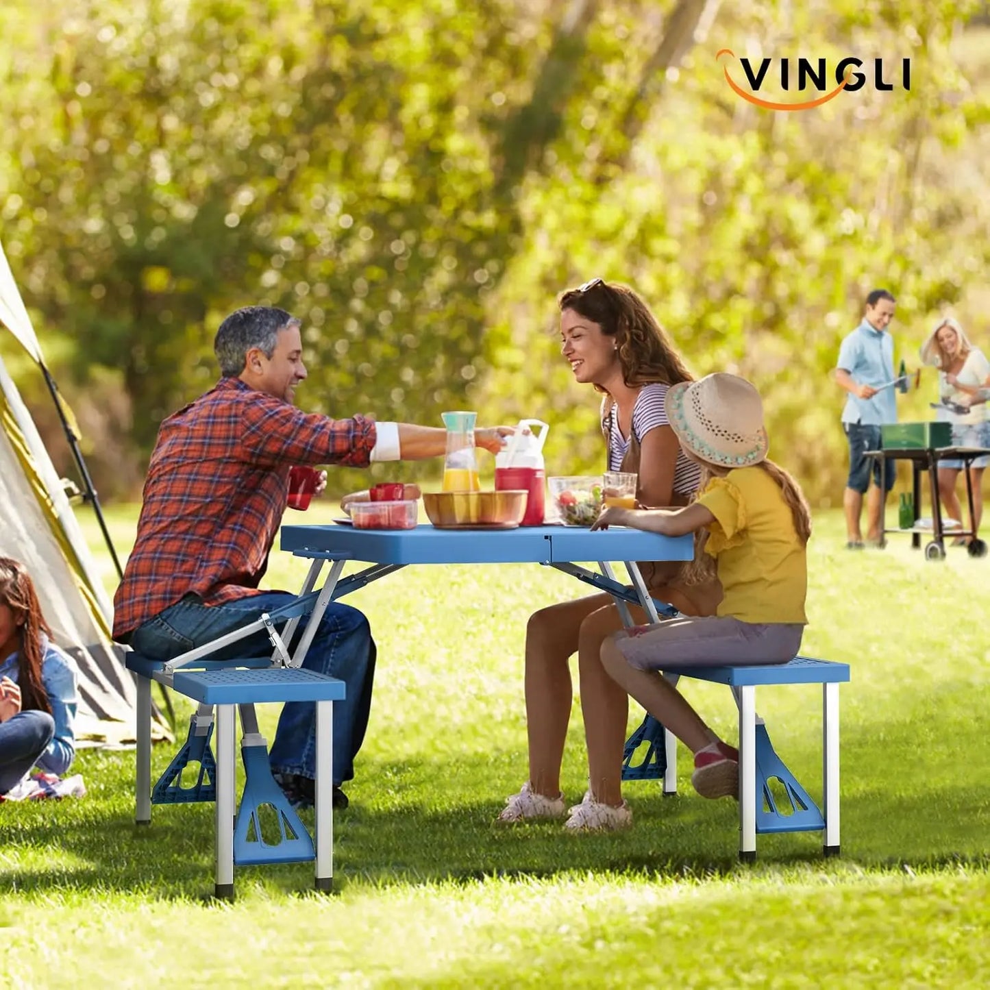 4 Ft Camping Picnic Table Set with 4 Seats w/Umbrella Hole, Folding Lightweight Suitcase Card Table-220 Lbs Support Aluminum Frame