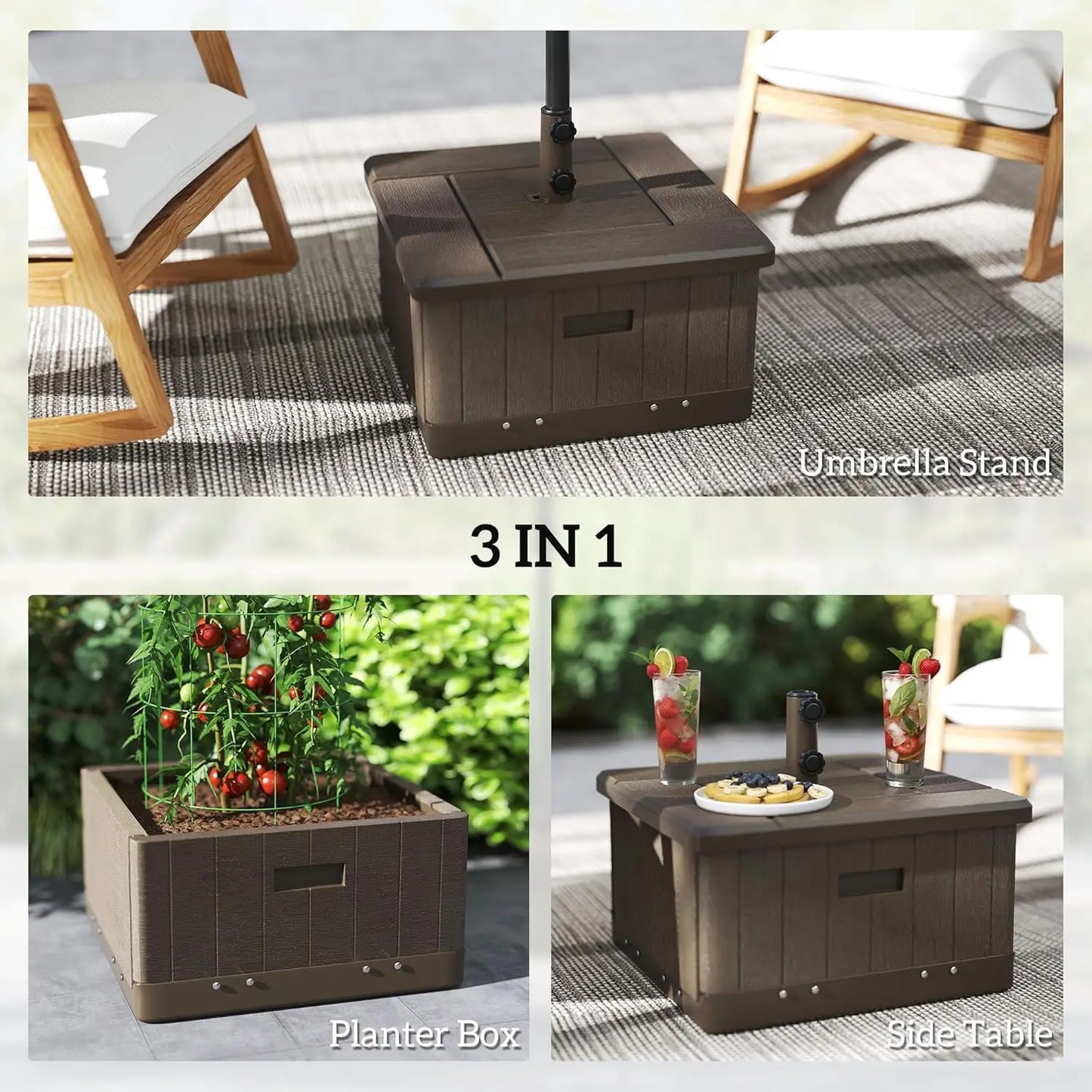 3-in-1 Outdoor Umbrella Base with Coffee Table and Planter, Heavy Duty 175 lbs Capacity, Wheels and Handles for Deck or Poolside