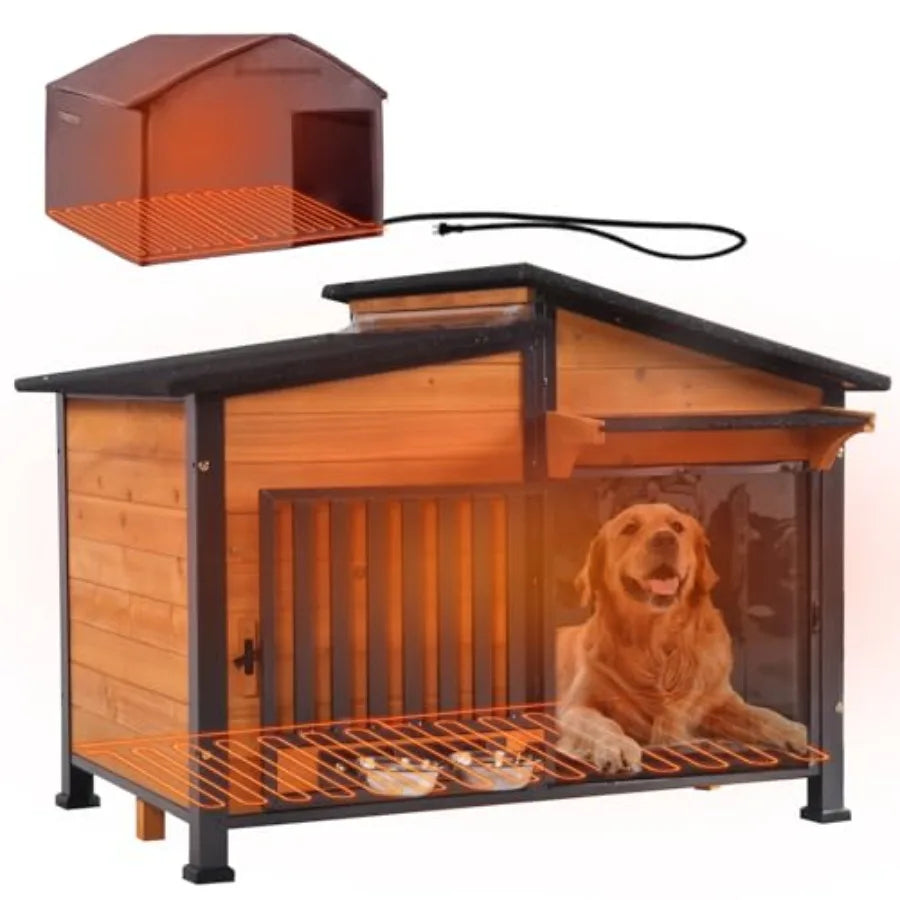 Heated Outdoor Dog House with Heavy-Duty Iron Frame and Insulated Liner for Small Medium Large Dogs in Winter Weatherproof Dog