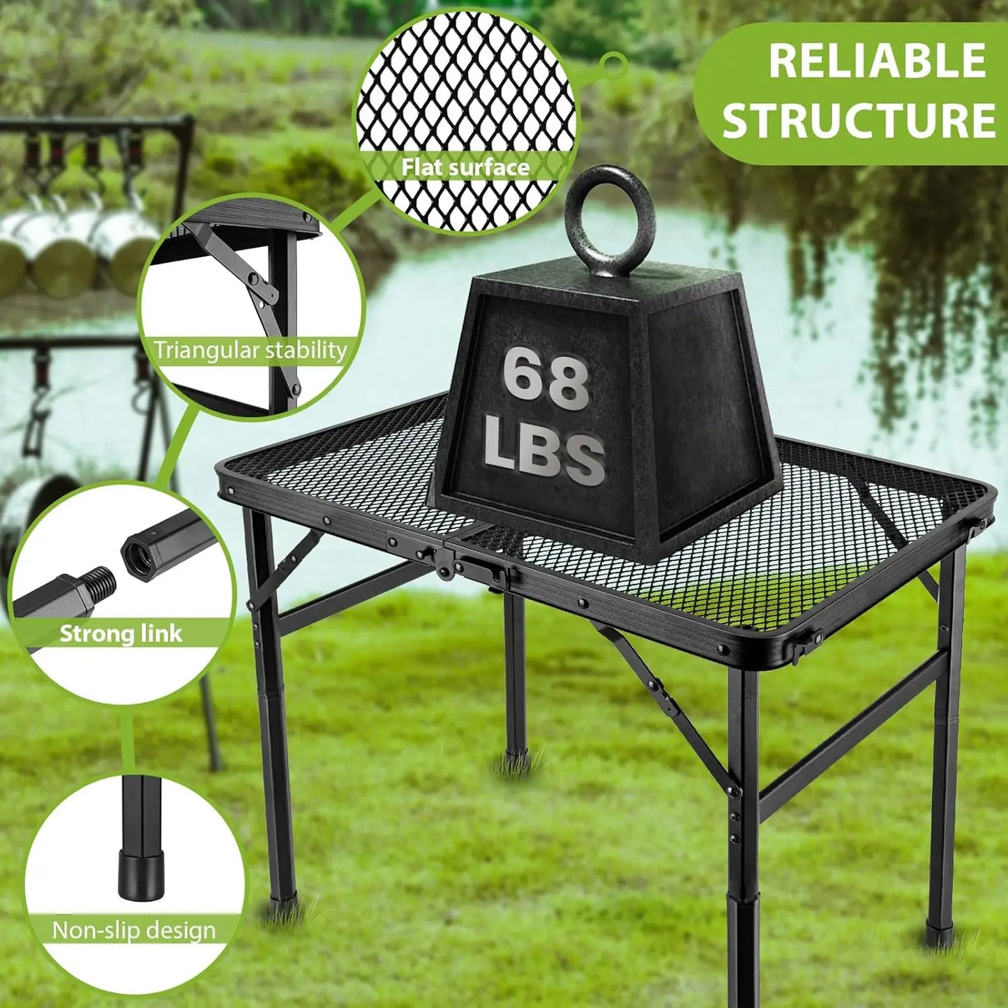 2x1.3 FT Folding Camping Table, Portable Adjustable Height Grill Stand with Mesh Desktop for Outdoor BBQ