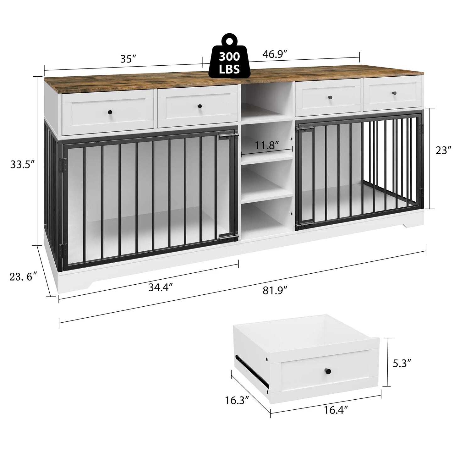 82'' Large Double Dog Crate Furniture TV Stand With 4 Drawers Shelves Heavy Duty Wooden Indoor Kennel For 2 Medium Large Dogs
