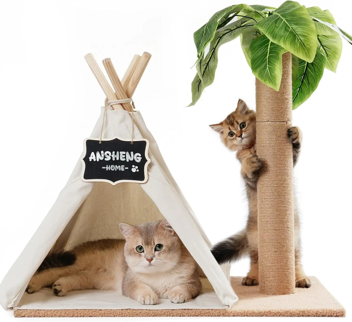 MEWOOFUN Cats Scratching Post Teepee Cat Tree with Simulated Leaves 60cm Tall Scratcher Post Pet Bed Tent Indoor Cat Play House