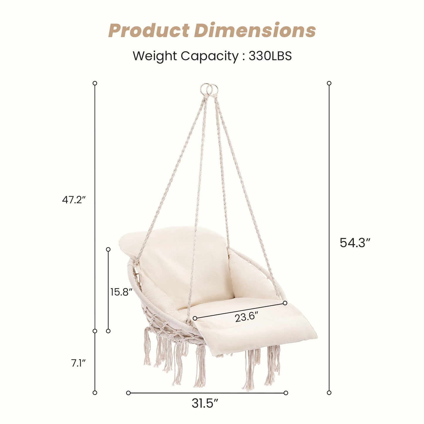JHK 31in Hammock Hanging Chair with Oversized Padded Cushion Cotton Rope Swing Chair with Tassels 330 lb Capacity Outdoor