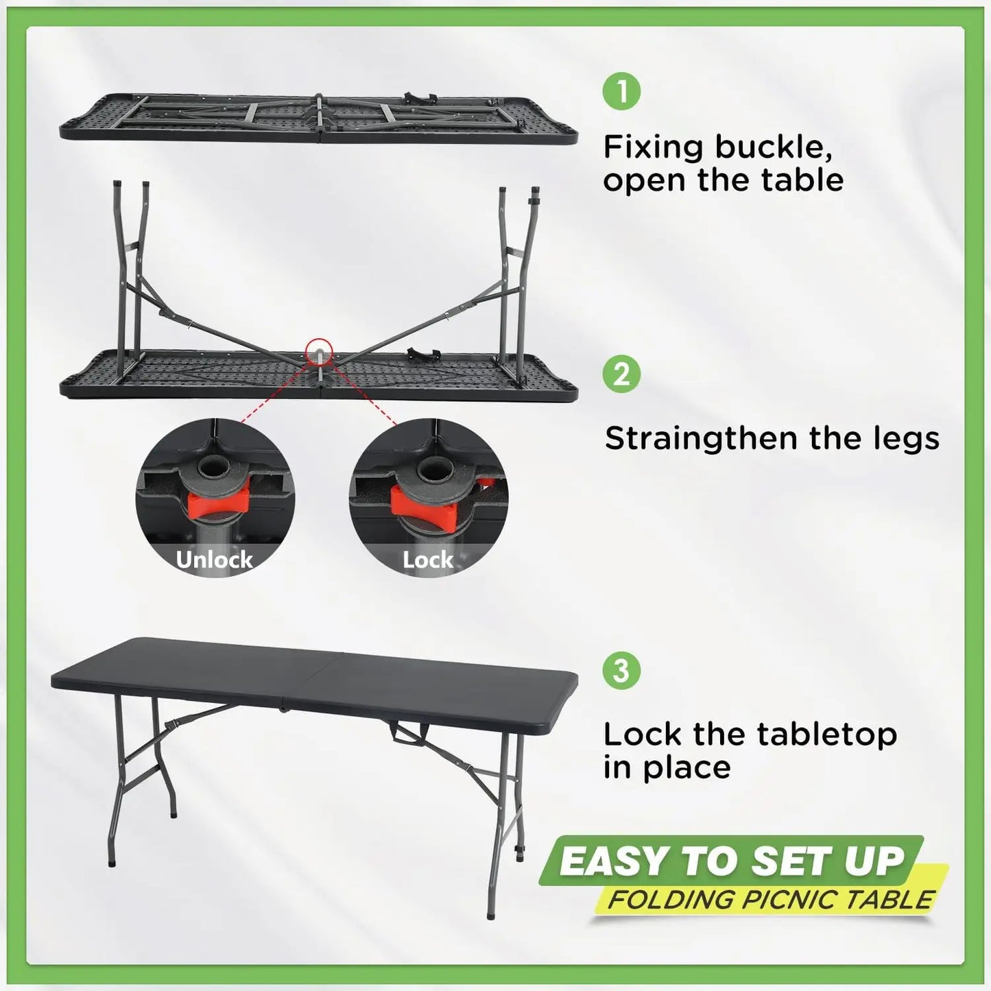 6 FT Folding Camping Table, Portable Square Height Dining Table for Picnics, Parties, and Outdoor Use in Black