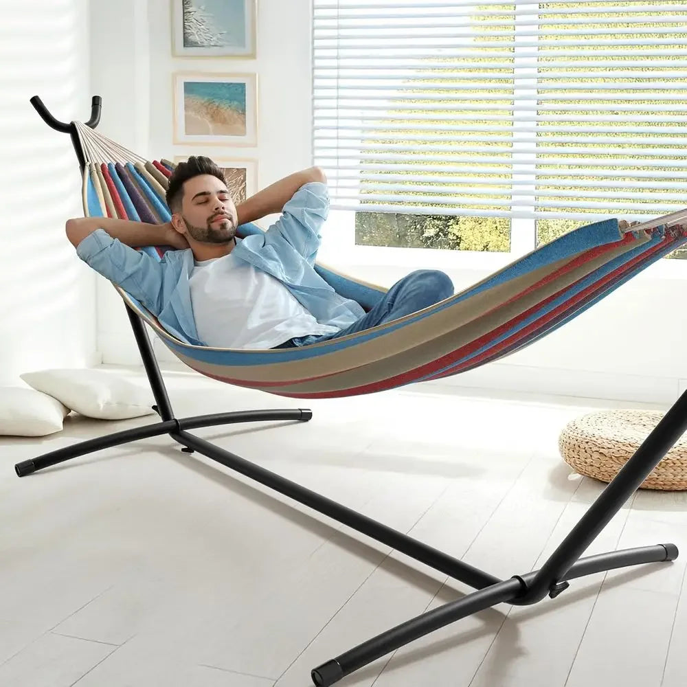 Luxury 2-Person Cotton Blend Hammock with Steel Stand - 60 Bed, 450lbs Capacity, Portable, Washable, for Outdoor and Camping