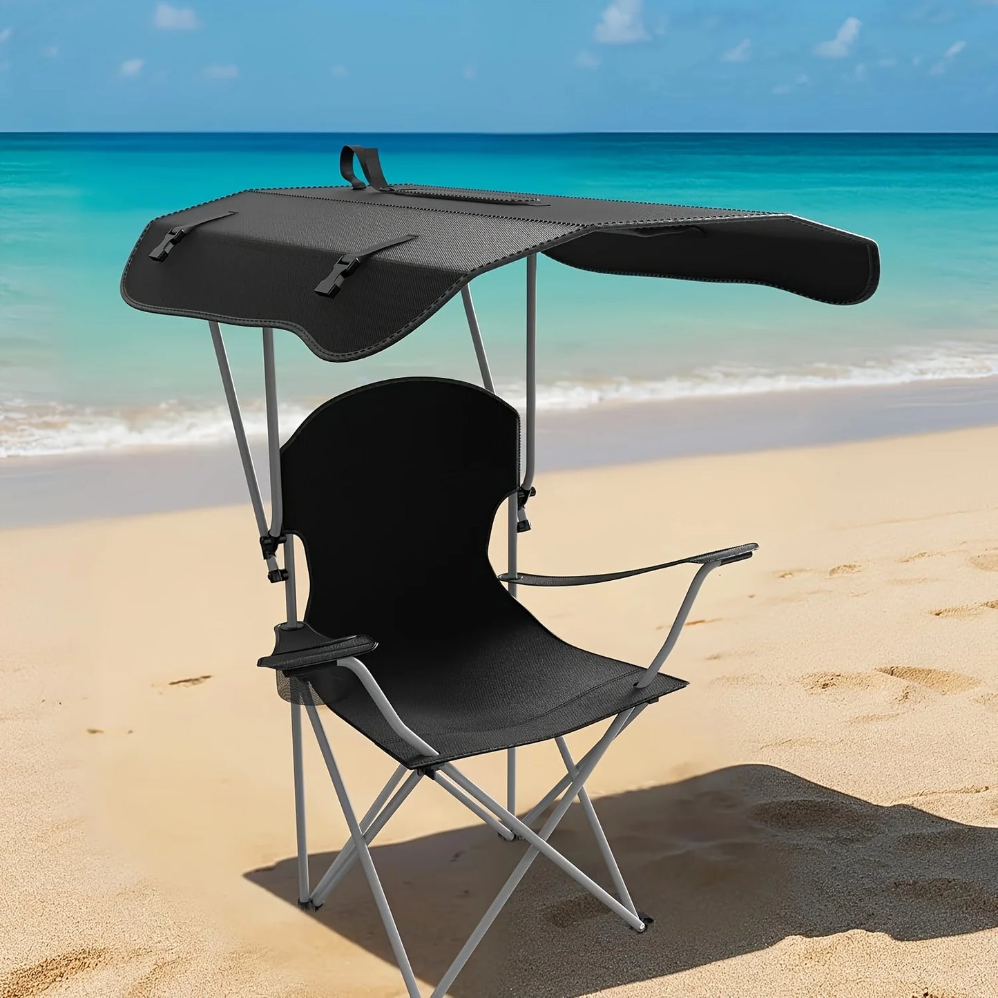 Portable folding fishing chair with sunshade - equipped with cup holder, portable and lightweight design, suitable for beaches