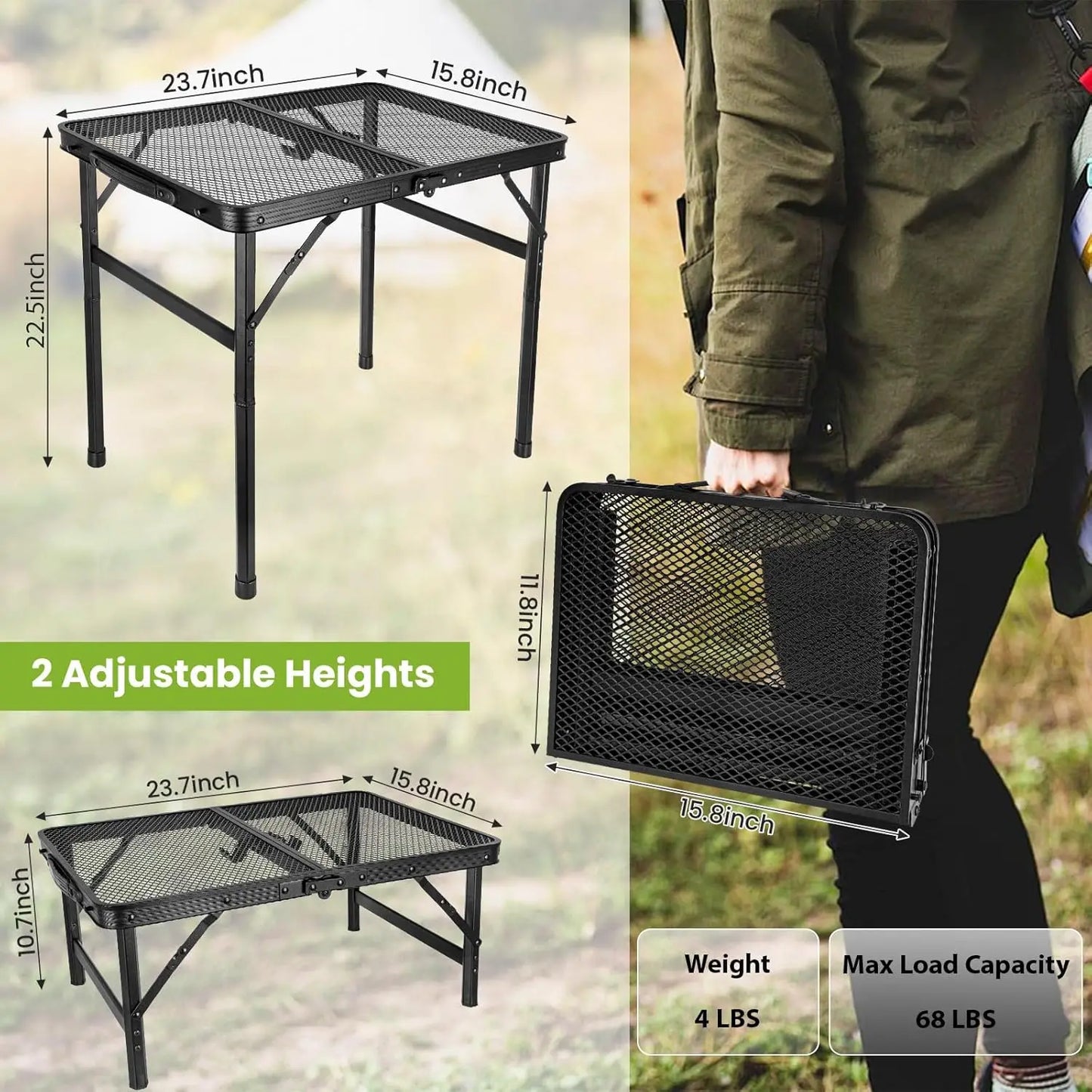 2x1.3 FT Folding Camping Table, Portable Adjustable Height Grill Stand with Mesh Desktop for Outdoor BBQ
