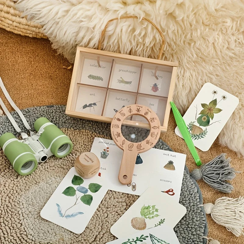 Kids Outdoor Explorer Kit Wooden Binoculars Treasure Storage Box Nature STEM Learning Camping Toy Birthday Gift for Boys Girls