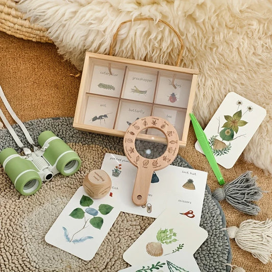 Kids Outdoor Explorer Kit Wooden Binoculars Treasure Storage Box Nature STEM Learning Camping Toy Birthday Gift for Boys Girls