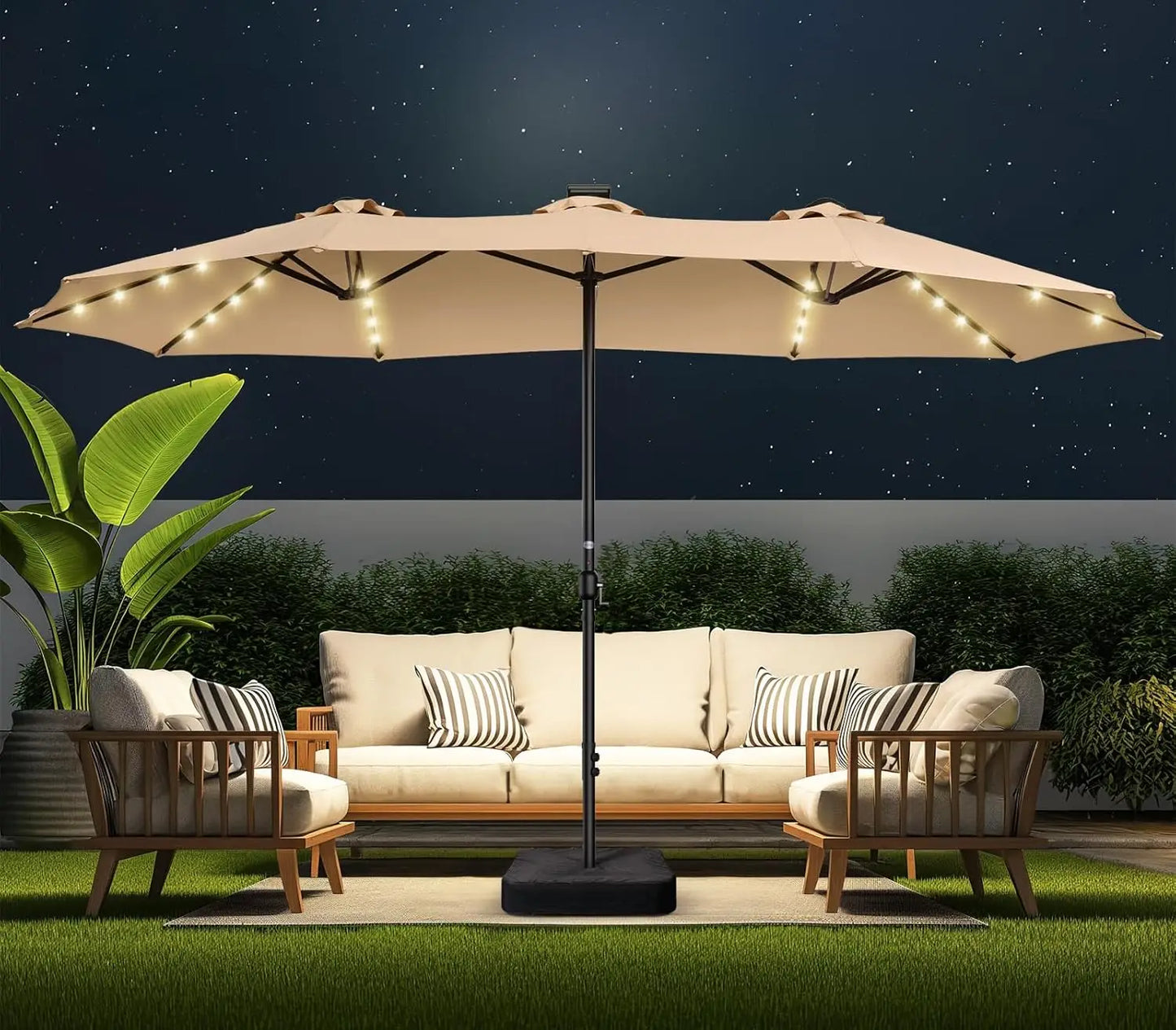 Double Sided Patio Umbrellas - 15ft Solar Lights LED Lighted Outdoor Extra Large Market Table Umbrella with Base, Customized