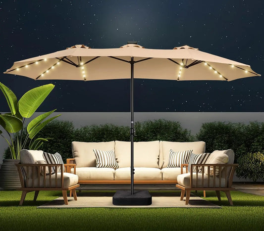 Double Sided Patio Umbrellas - 15ft Solar Lights LED Lighted Outdoor Extra Large Market Table Umbrella with Base, Customized