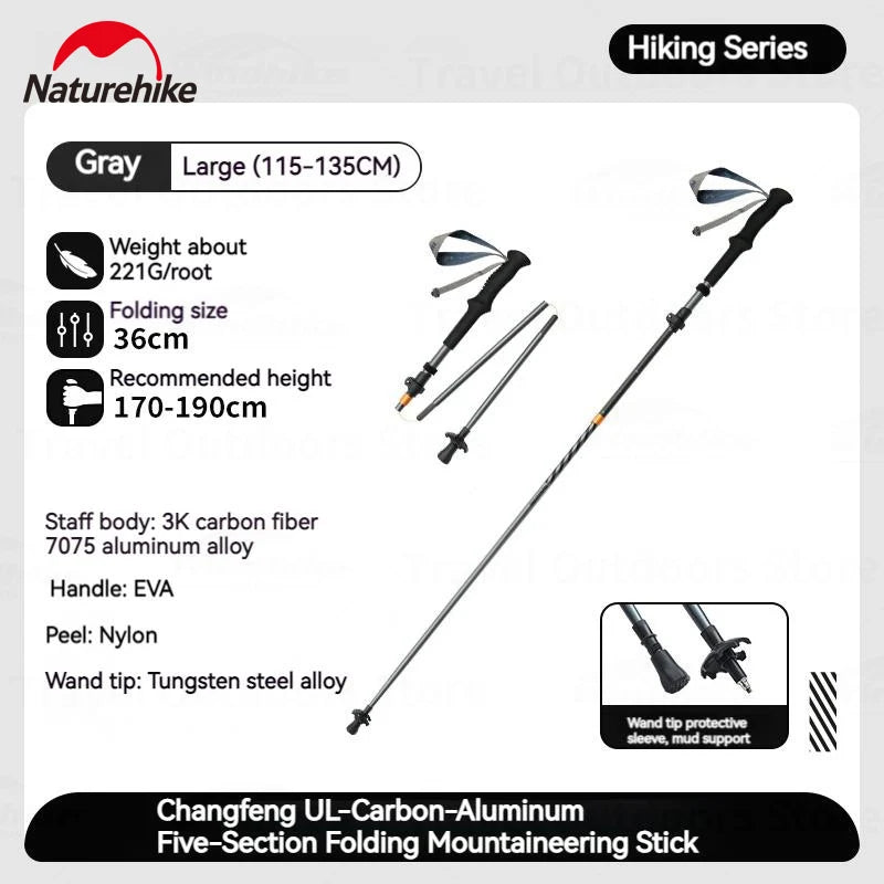 Naturehike Outdoor Climbing Pole 5-Section Carbon Fiber Aluminum Alloy Ultralight Trekking Sticks Walking Stick Camping Supplies