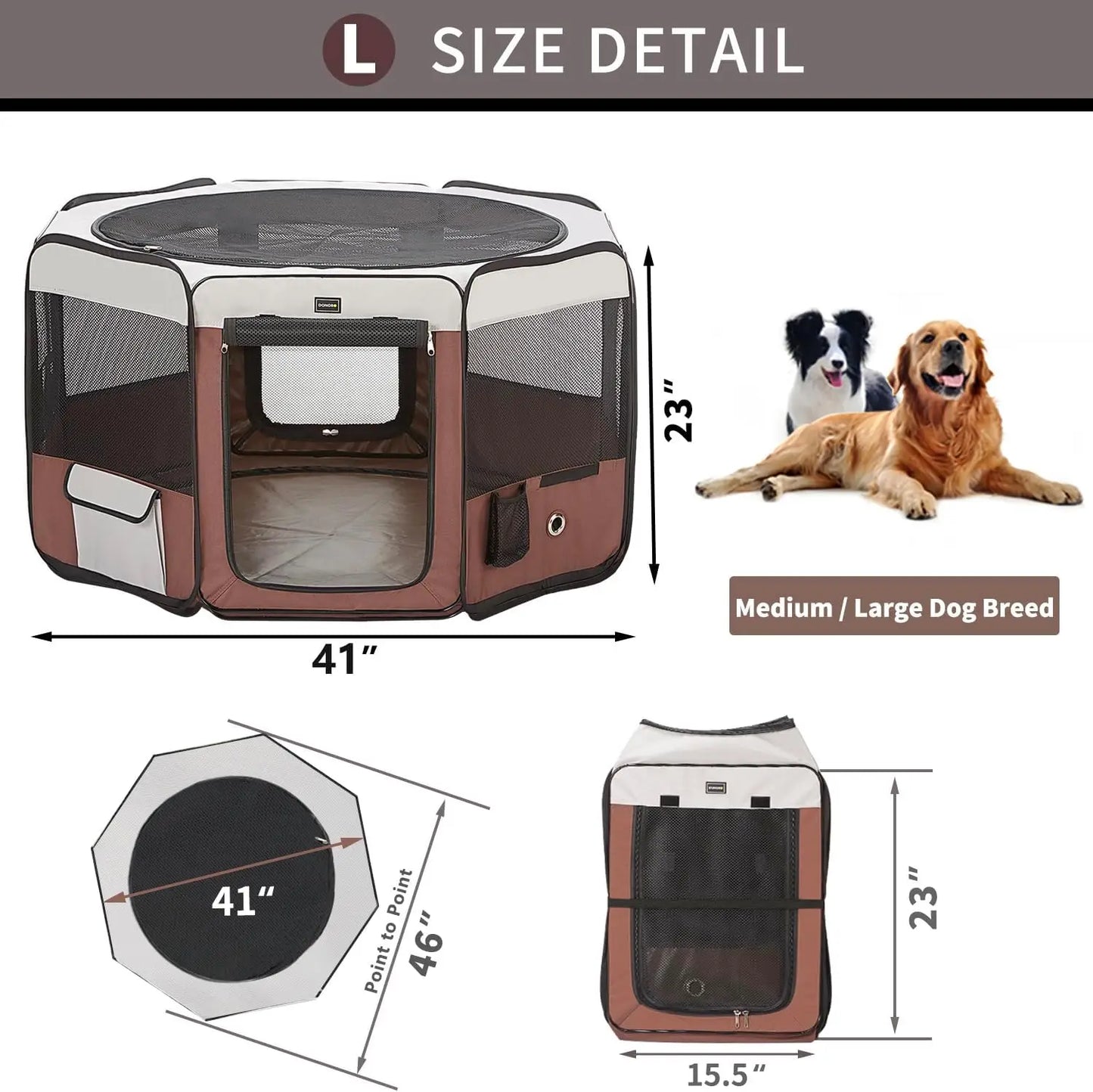 Portable Pet Playpen for Small Medium Dogs, Foldable Exercise Kennel Indoor Outdoor Travel Camping, Brown Large 46x46x23 Inch