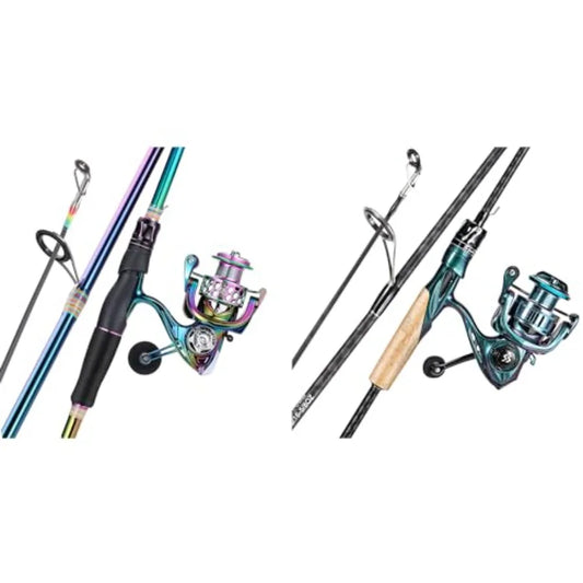 2 Packs Spinning Reel Rod Combo Two Pieces Colorful Portable Light Weight Fishing Rod with Powerful Fishing Gear