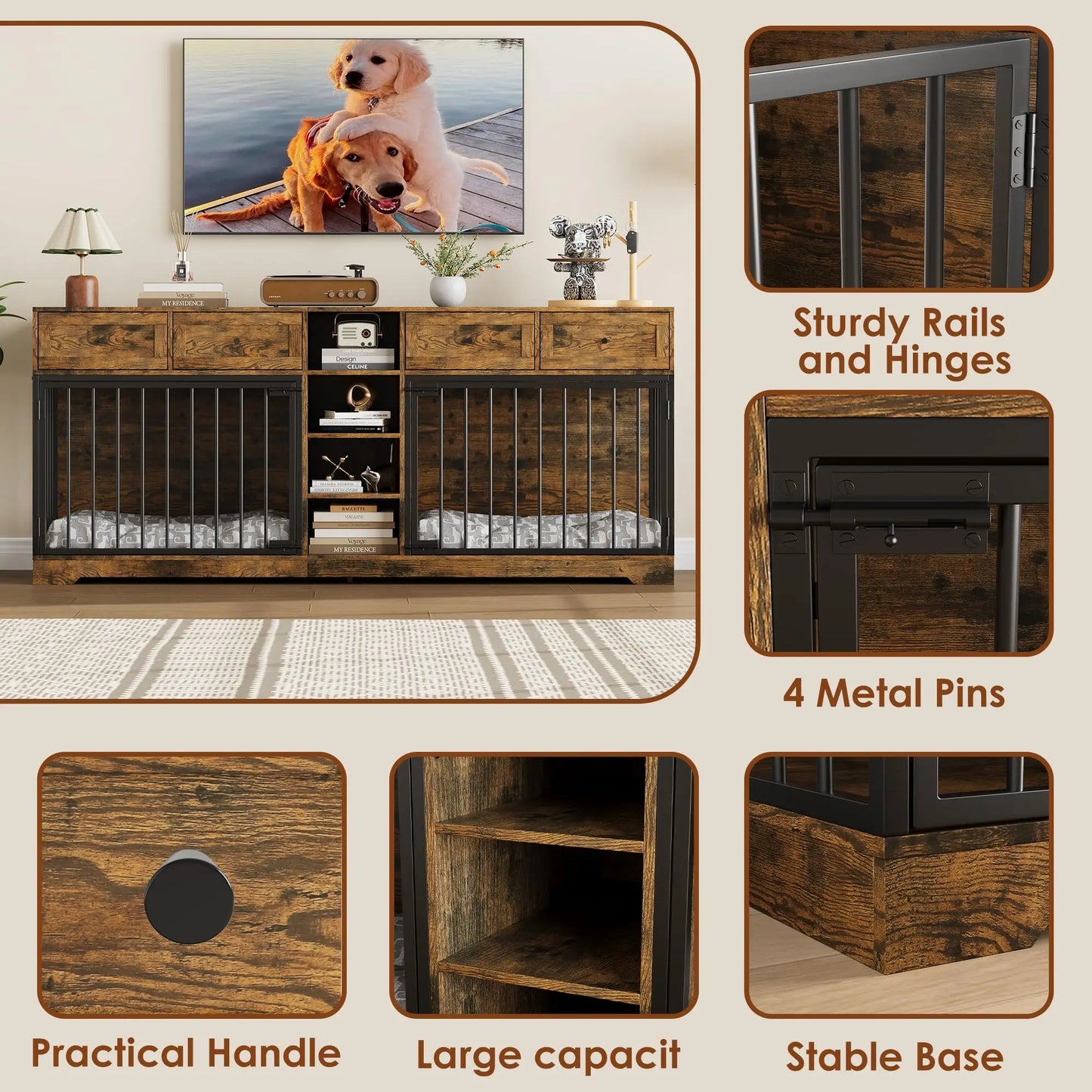 82'' Large Double Dog Crate Furniture TV Stand With 4 Drawers Shelves Heavy Duty Wooden Indoor Kennel For 2 Medium Large Dogs