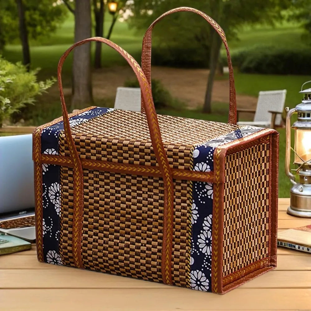 Folding Picnic Basket with Double Handles - Woven Food Storage Basket for Outdoor Family Picnics & Home Decor
