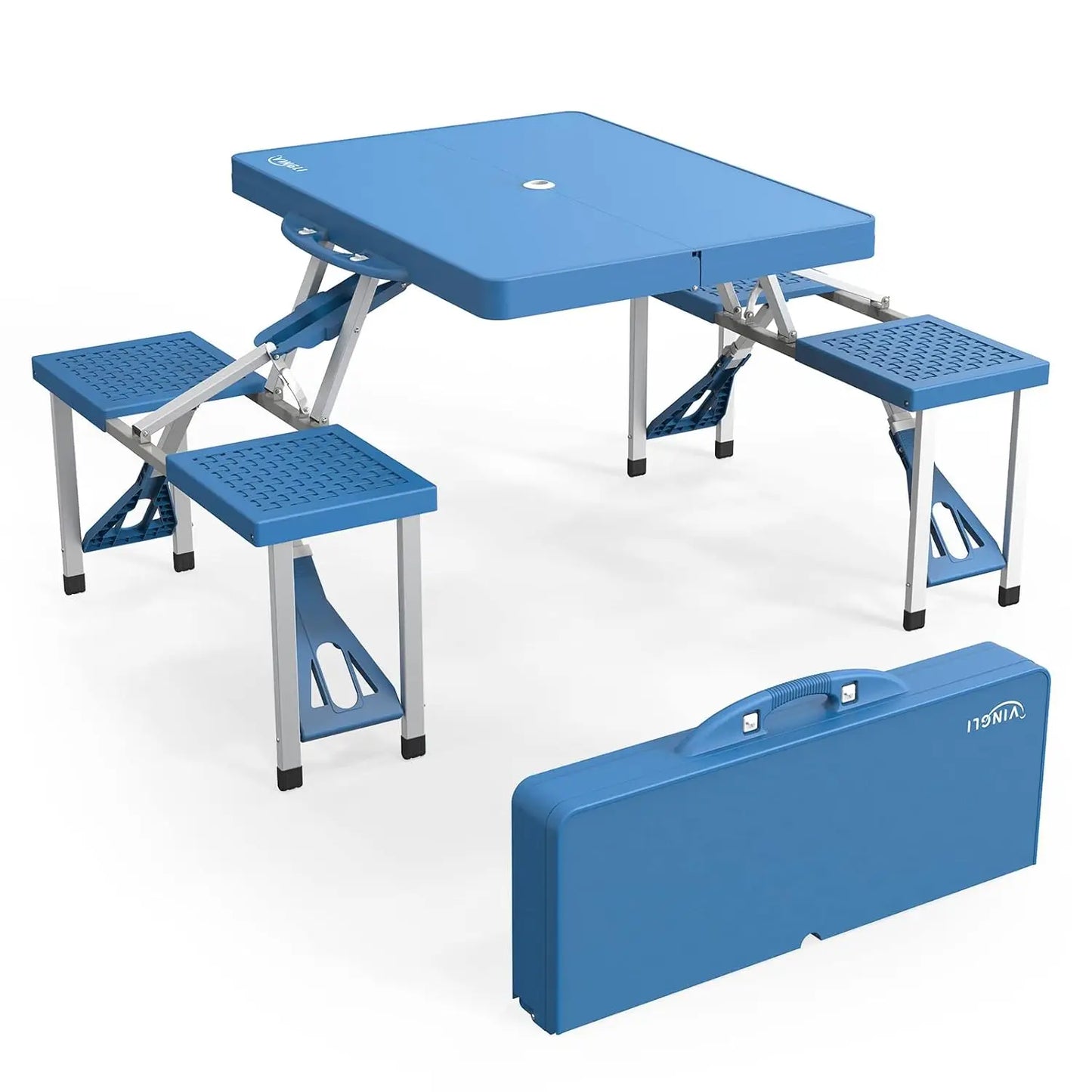 4 Ft Camping Picnic Table Set with 4 Seats w/Umbrella Hole, Folding Lightweight Suitcase Card Table-220 Lbs Support Aluminum Frame