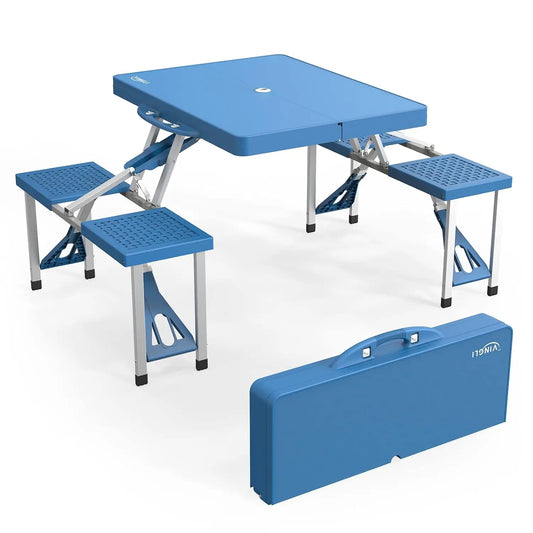 4 Ft Camping Picnic Table Set with 4 Seats w/Umbrella Hole, Folding Lightweight Suitcase Card Table-220 Lbs Support Aluminum Frame