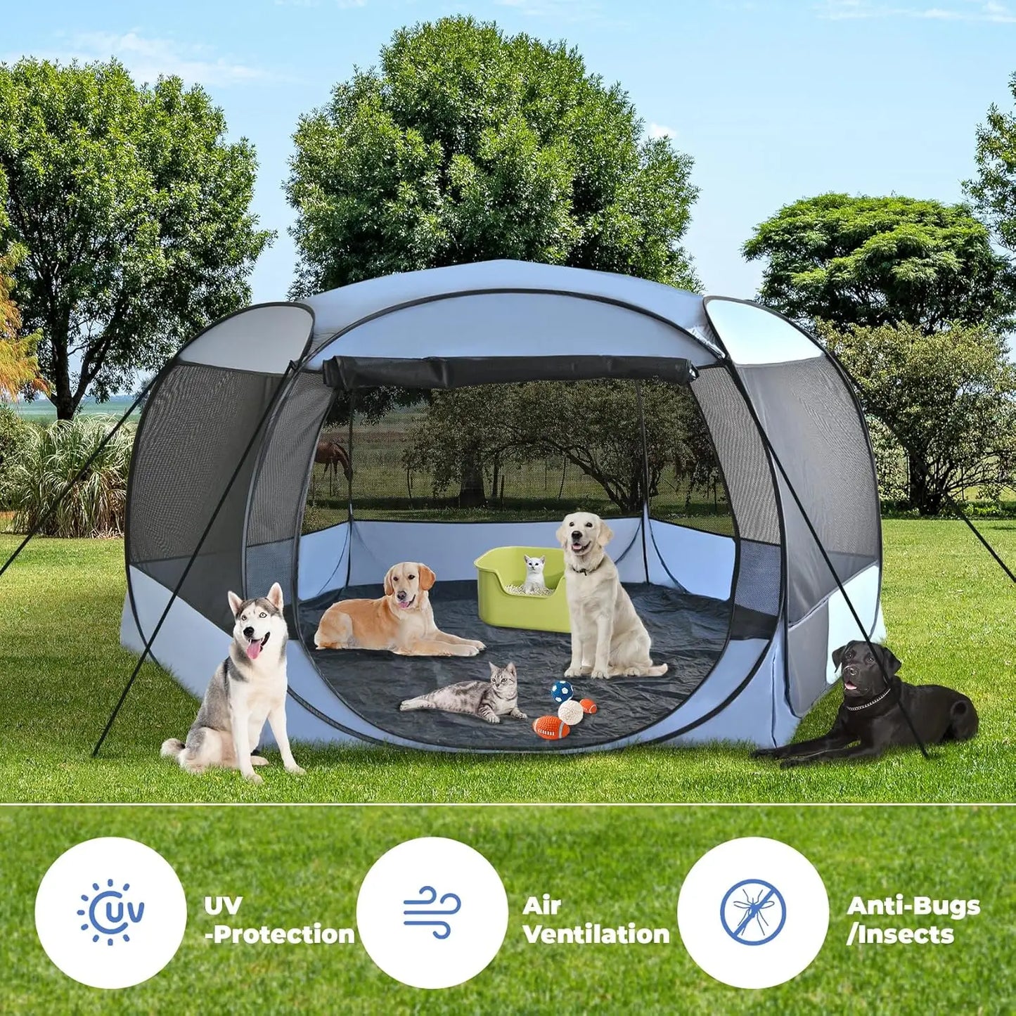 Extra Large Pop-Up Dog House, 10x10x4.8ft Portable Pet Tent with Sun Shade and Leakproof Bottom for Camping