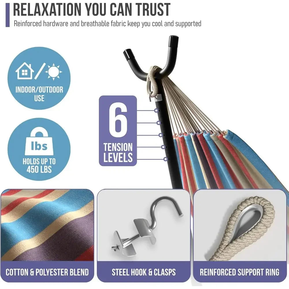 Luxury 2-Person Cotton Blend Hammock with Steel Stand - 60 Bed, 450lbs Capacity, Portable, Washable, for Outdoor and Camping
