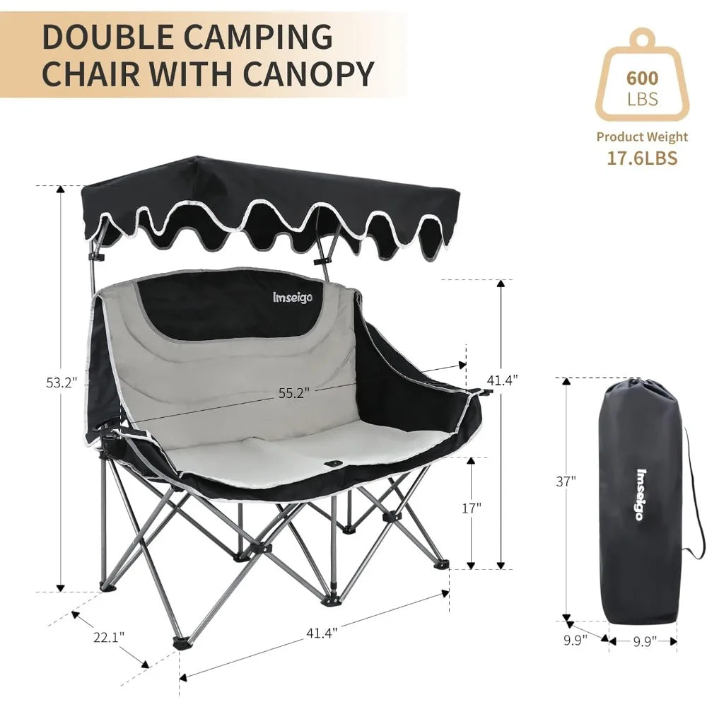 Double Camping Chair with Adjustable Shade Canopy Oversized Portable Folding Loveseat Couch, 2 Person Soft Padded Couch Back Sto