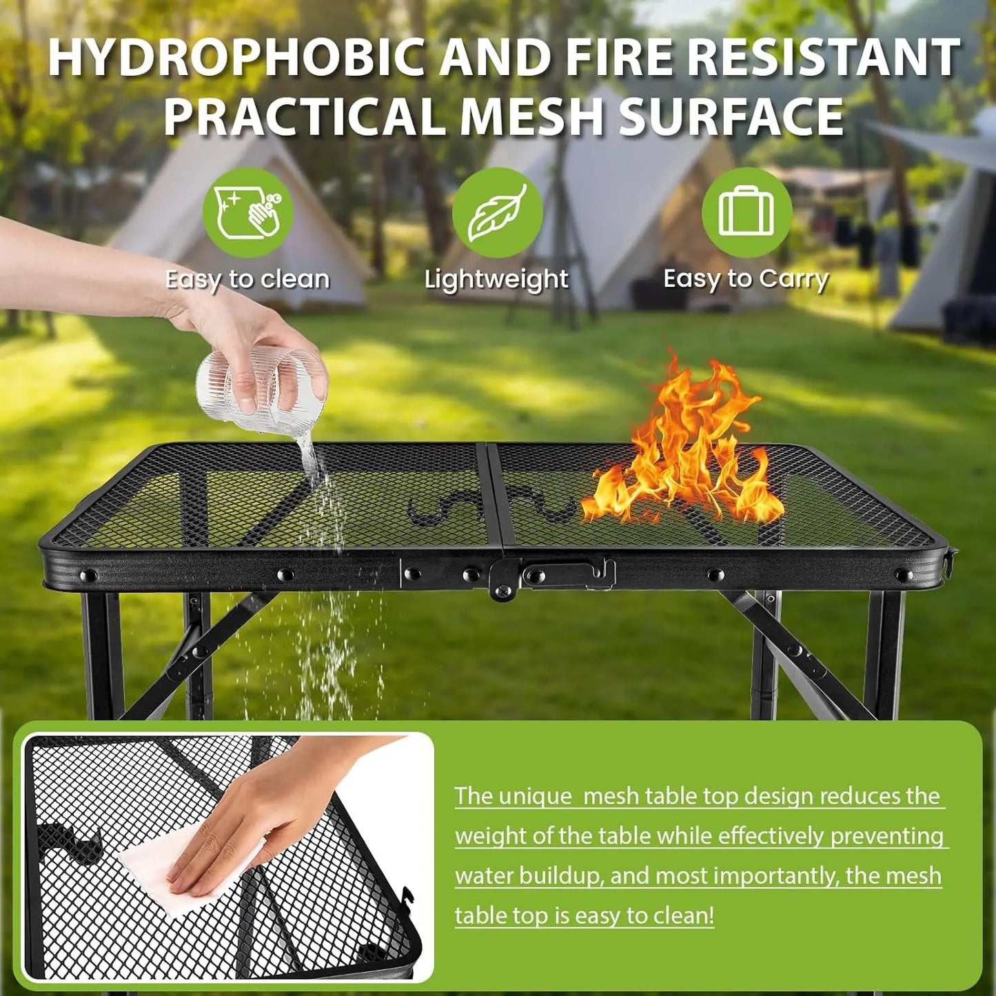 2x1.3 FT Folding Camping Table, Portable Adjustable Height Grill Stand with Mesh Desktop for Outdoor BBQ