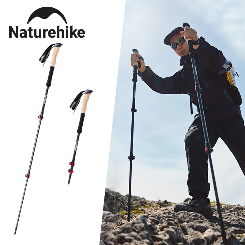 Naturehike 2PCS Trekking Poles Walking Sticks Lightweight Carbon Fiber Collapsible Telescopic Sticks Adjustment Lock Hiking Cane