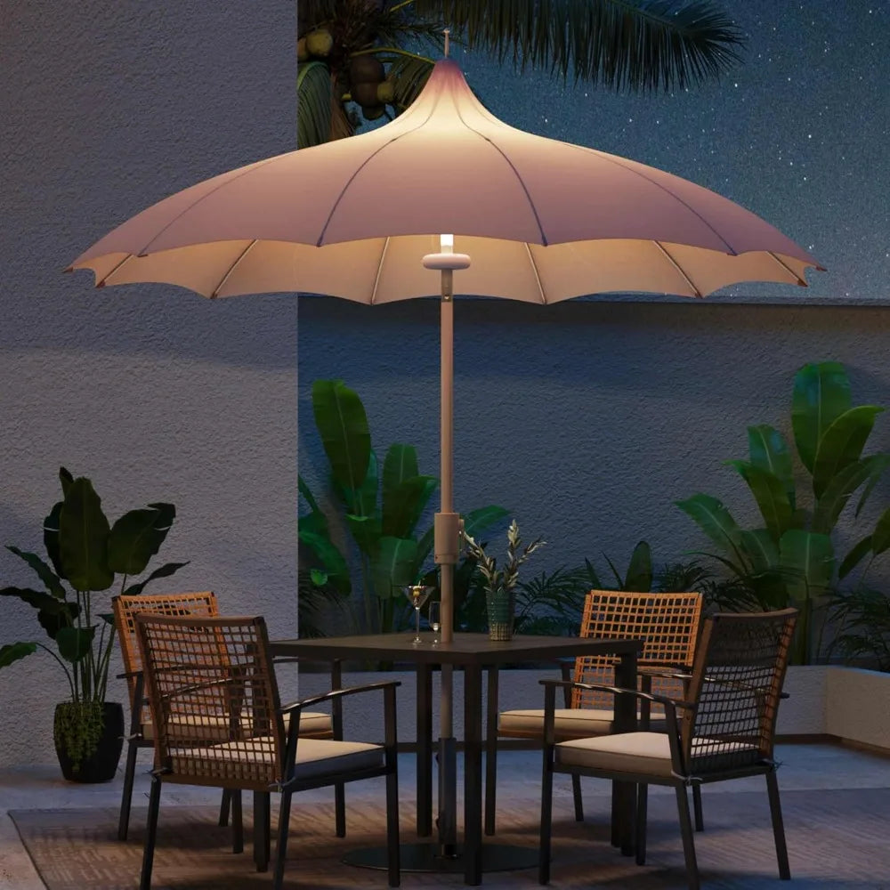 9ft Outdoor Pagoda Patio Umbrella with Lights, Patio Table Market Umbrella with Petal Design Canopy, 360° Rotation, Customized